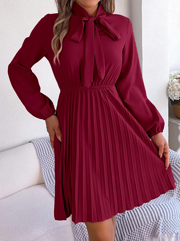 Long Sleeves Loose Pleated Solid Color Tied Mock Neck Mini Dresses - Image 15