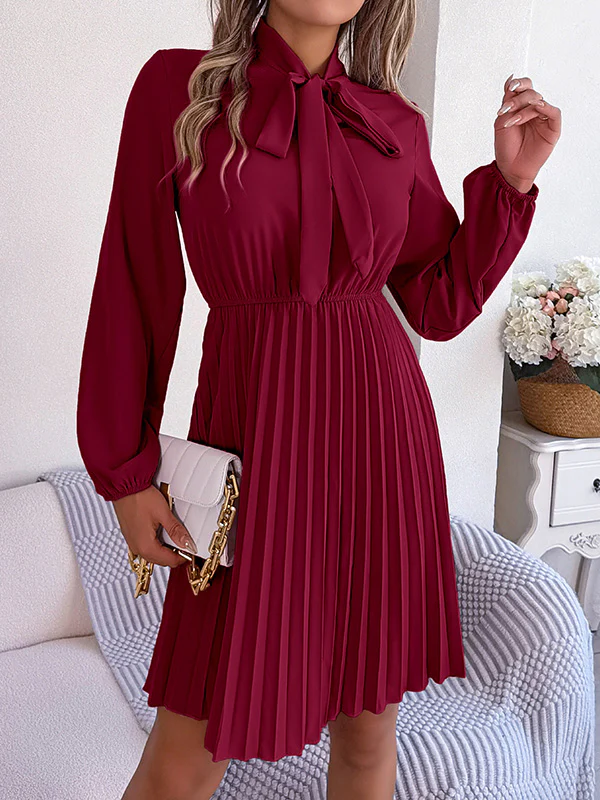 Long Sleeves Loose Pleated Solid Color Tied Mock Neck Mini Dresses - Image 16