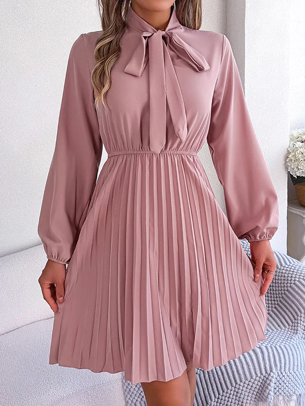 Long Sleeves Loose Pleated Solid Color Tied Mock Neck Mini Dresses - Image 2