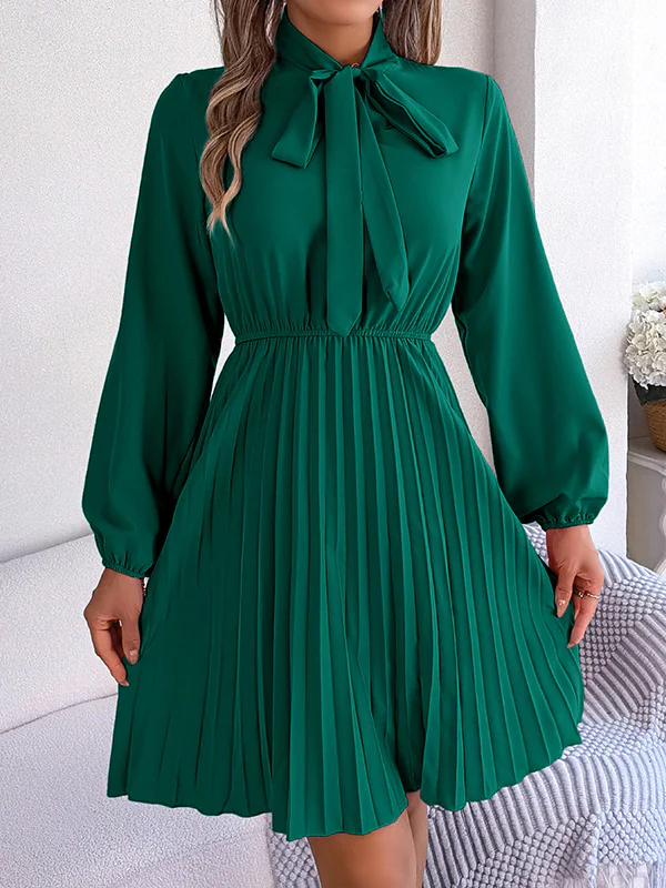 Long Sleeves Loose Pleated Solid Color Tied Mock Neck Mini Dresses - Image 3