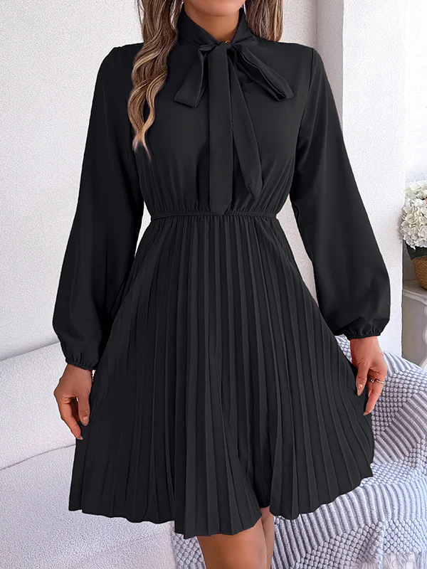 Long Sleeves Loose Pleated Solid Color Tied Mock Neck Mini Dresses - Image 4