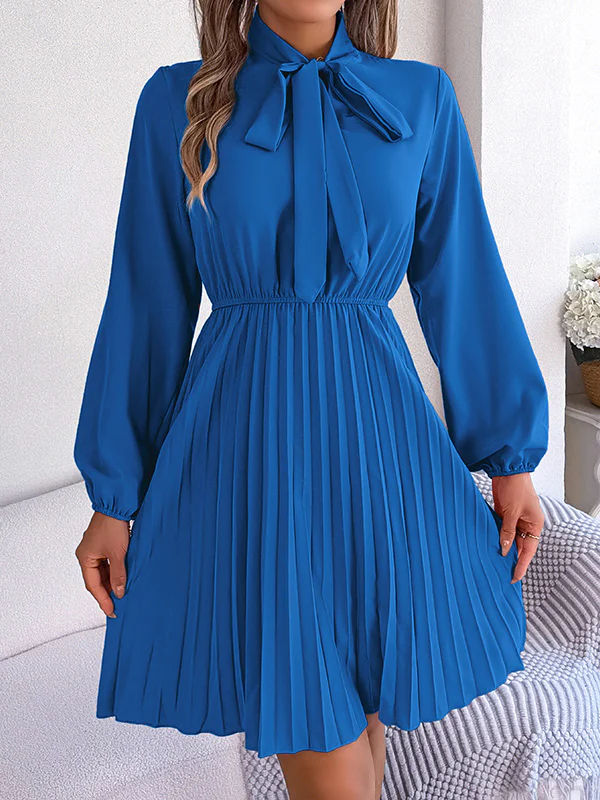 Long Sleeves Loose Pleated Solid Color Tied Mock Neck Mini Dresses - Image 5