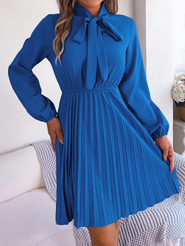 Long Sleeves Loose Pleated Solid Color Tied Mock Neck Mini Dresses - Image 7