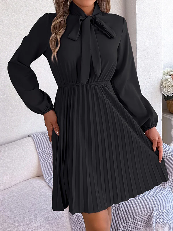 Long Sleeves Loose Pleated Solid Color Tied Mock Neck Mini Dresses - Image 8