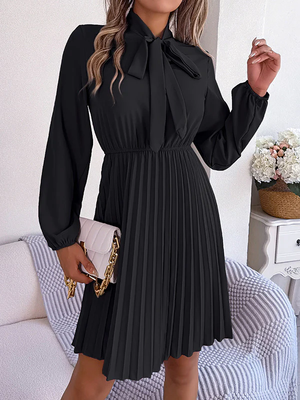 Long Sleeves Loose Pleated Solid Color Tied Mock Neck Mini Dresses - Image 9