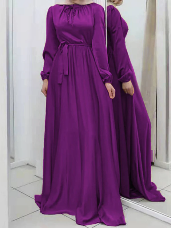 Long Sleeves Loose Pleated Solid Color Tied Waist Maxi Dresses - Image 2