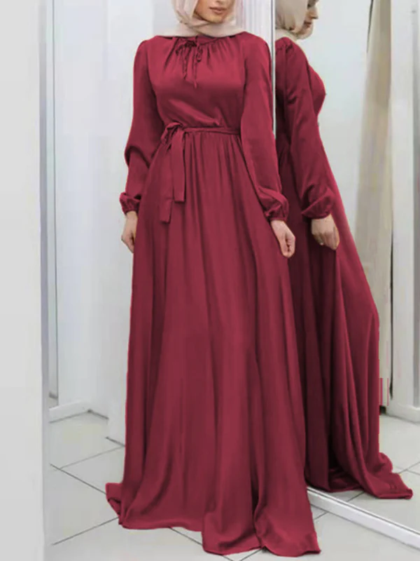Long Sleeves Loose Pleated Solid Color Tied Waist Maxi Dresses - Image 3