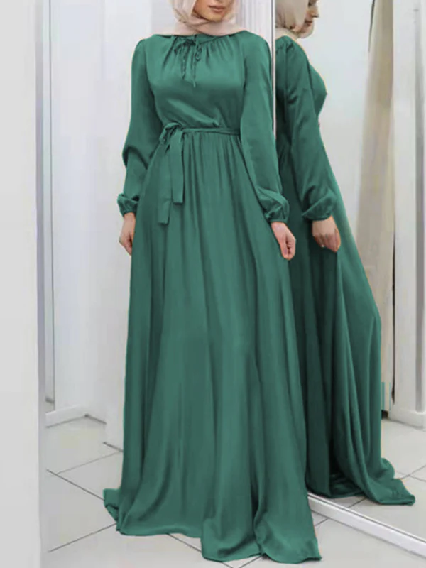 Long Sleeves Loose Pleated Solid Color Tied Waist Maxi Dresses - Image 4