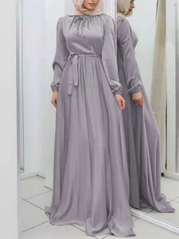 Long Sleeves Loose Pleated Solid Color Tied Waist Maxi Dresses - Image 5
