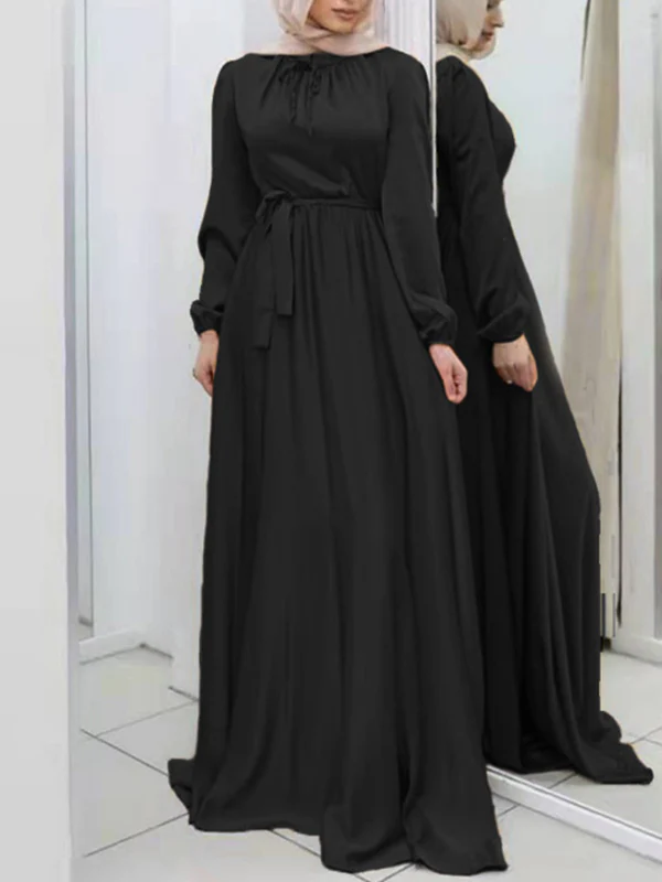 Long Sleeves Loose Pleated Solid Color Tied Waist Maxi Dresses - Image 6