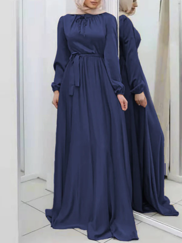 Long Sleeves Loose Pleated Solid Color Tied Waist Maxi Dresses - Image 7