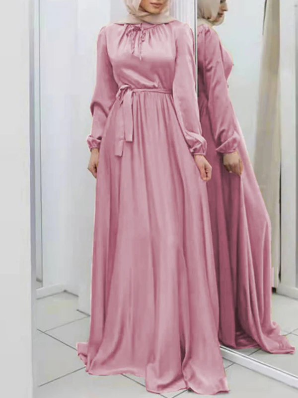 Long Sleeves Loose Pleated Solid Color Tied Waist Maxi Dresses - Image 8