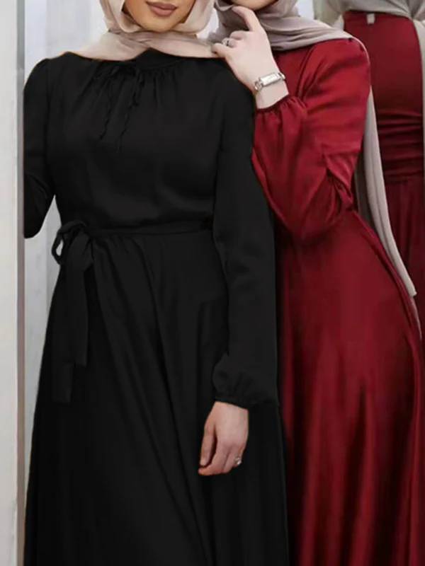 Long Sleeves Loose Pleated Solid Color Tied Waist Maxi Dresses - Image 9