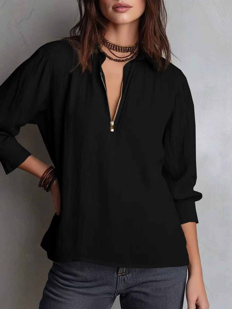 Long Sleeves Loose Pleated Solid Color Zipper Lapel Blouses&Shirts Tops - Image 2