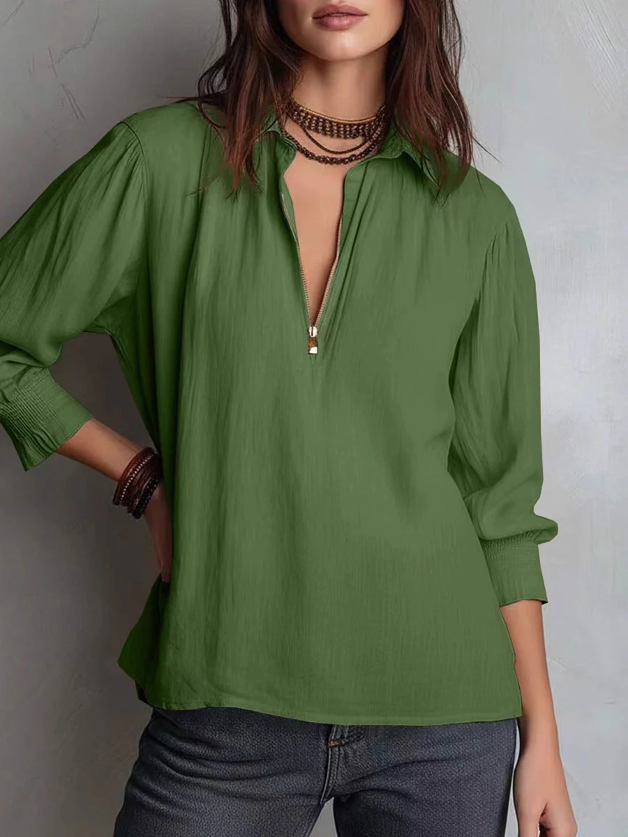 Long Sleeves Loose Pleated Solid Color Zipper Lapel Blouses&Shirts Tops - Image 3