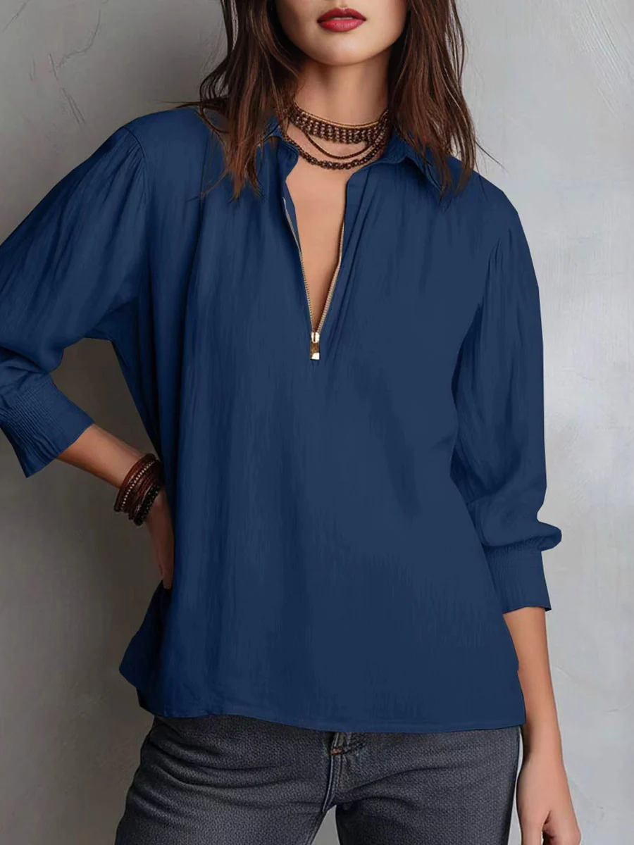 Long Sleeves Loose Pleated Solid Color Zipper Lapel Blouses&Shirts Tops - Image 4