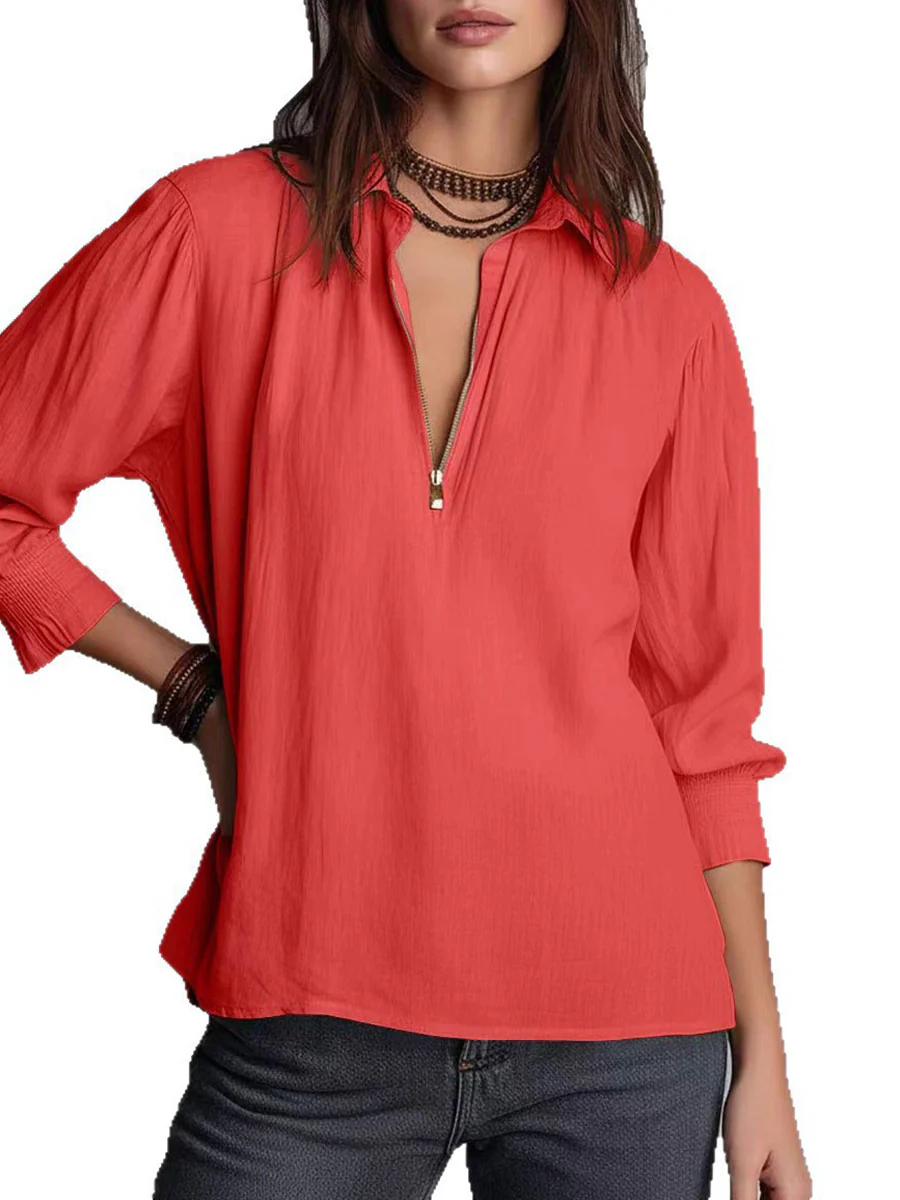 Long Sleeves Loose Pleated Solid Color Zipper Lapel Blouses&Shirts Tops - Image 5