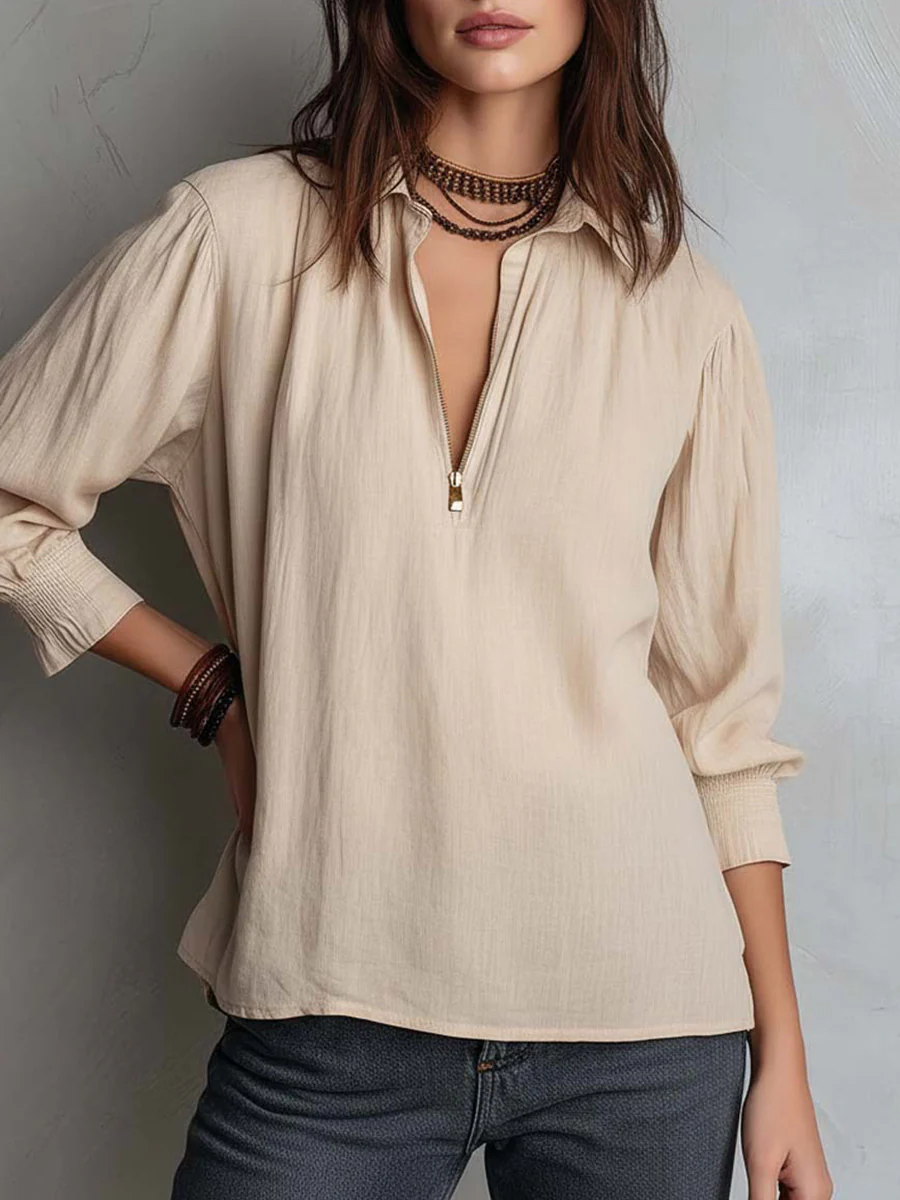 Long Sleeves Loose Pleated Solid Color Zipper Lapel Blouses&Shirts Tops - Image 6