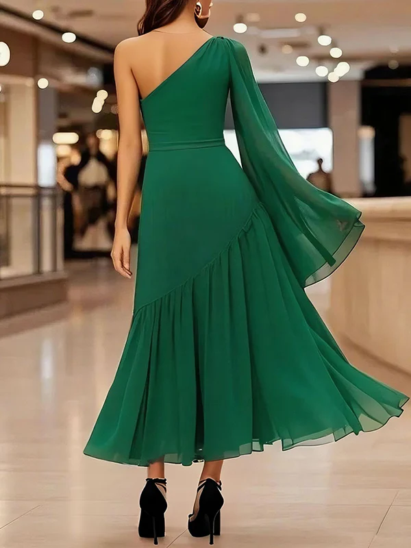 Long Sleeves Loose Pleated Solid Color Zipper One-Shoulder Maxi Dresses - Image 2