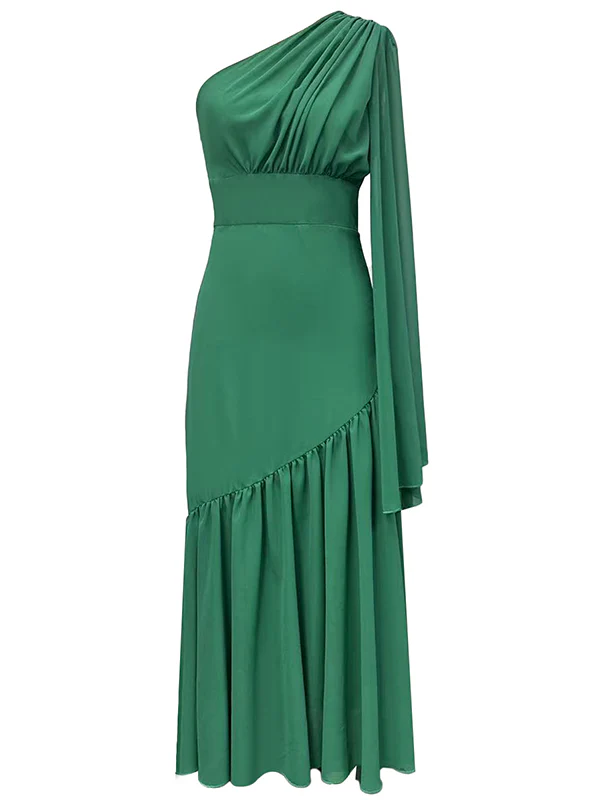 Long Sleeves Loose Pleated Solid Color Zipper One-Shoulder Maxi Dresses - Image 3