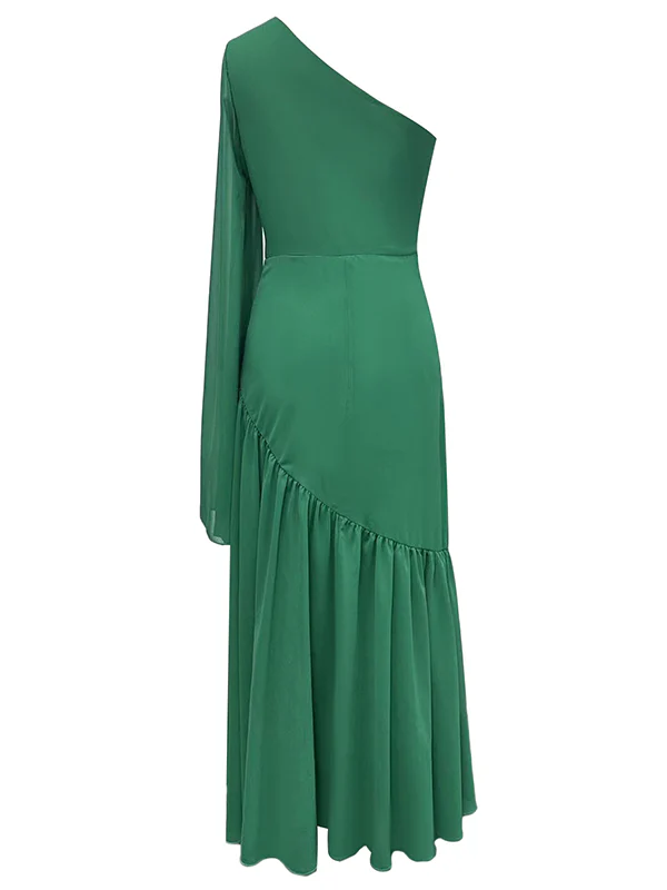 Long Sleeves Loose Pleated Solid Color Zipper One-Shoulder Maxi Dresses - Image 4