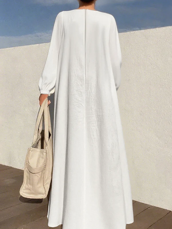 Long Sleeves Loose Pleated Solid Color Zipper Round-Neck Maxi Dresses - Image 2