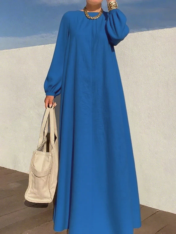 Long Sleeves Loose Pleated Solid Color Zipper Round-Neck Maxi Dresses - Image 3