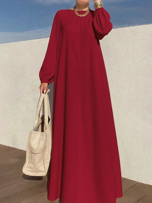 Long Sleeves Loose Pleated Solid Color Zipper Round-Neck Maxi Dresses - Image 4