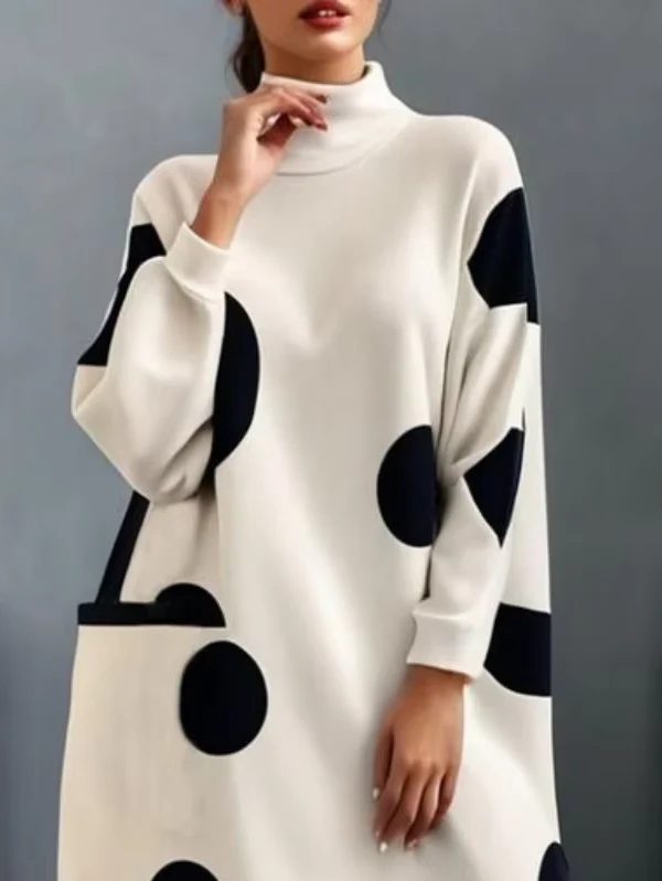 Long Sleeves Loose Pockets Polka-Dot High Neck Midi Dresses - Image 2