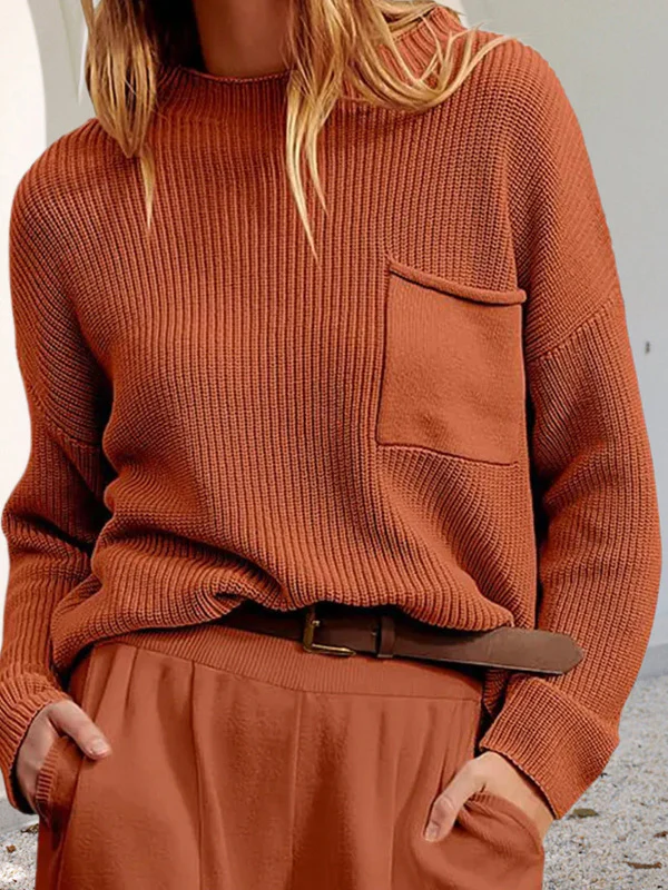 Long Sleeves Loose Pockets Solid Color Round-Neck Knitwear Pullovers Sweater Tops - Image 2