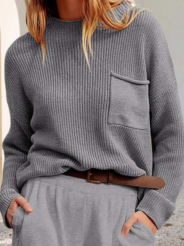 Long Sleeves Loose Pockets Solid Color Round-Neck Knitwear Pullovers Sweater Tops - Image 3