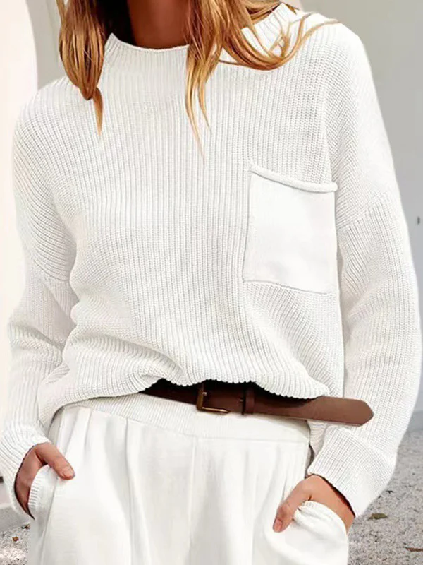 Long Sleeves Loose Pockets Solid Color Round-Neck Knitwear Pullovers Sweater Tops - Image 4