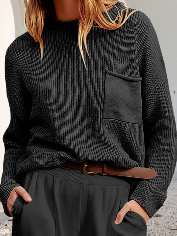 Long Sleeves Loose Pockets Solid Color Round-Neck Knitwear Pullovers Sweater Tops - Image 5