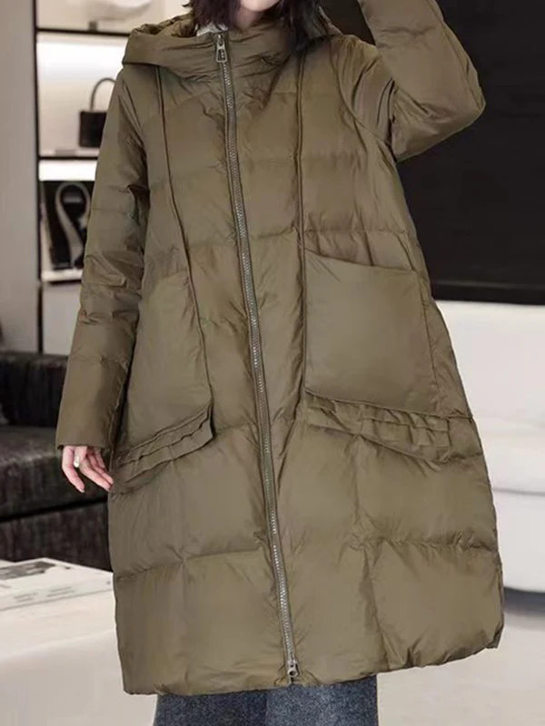 Long Sleeves Loose Pockets Solid Color Split-Joint Hooded Down Coat - Image 10