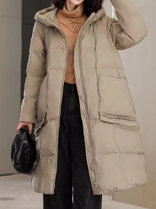 Long Sleeves Loose Pockets Solid Color Split-Joint Hooded Down Coat - Image 11
