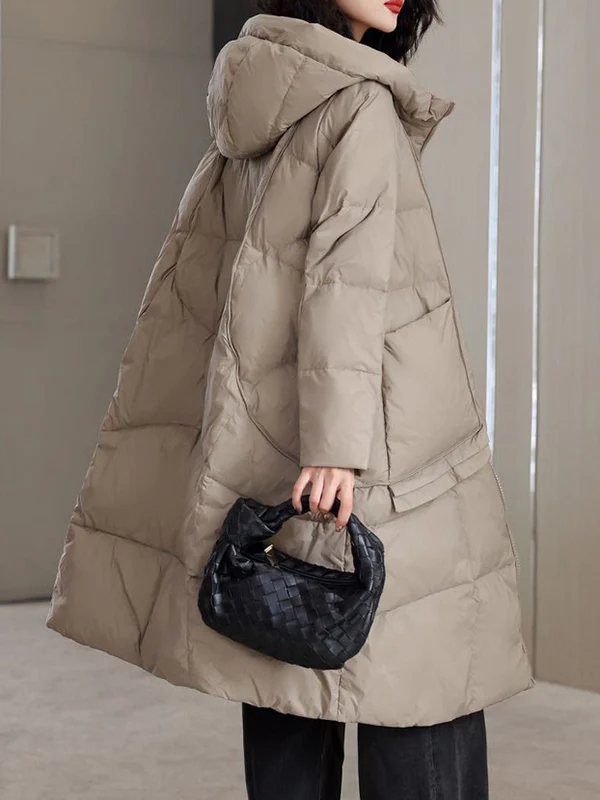 Long Sleeves Loose Pockets Solid Color Split-Joint Hooded Down Coat - Image 12