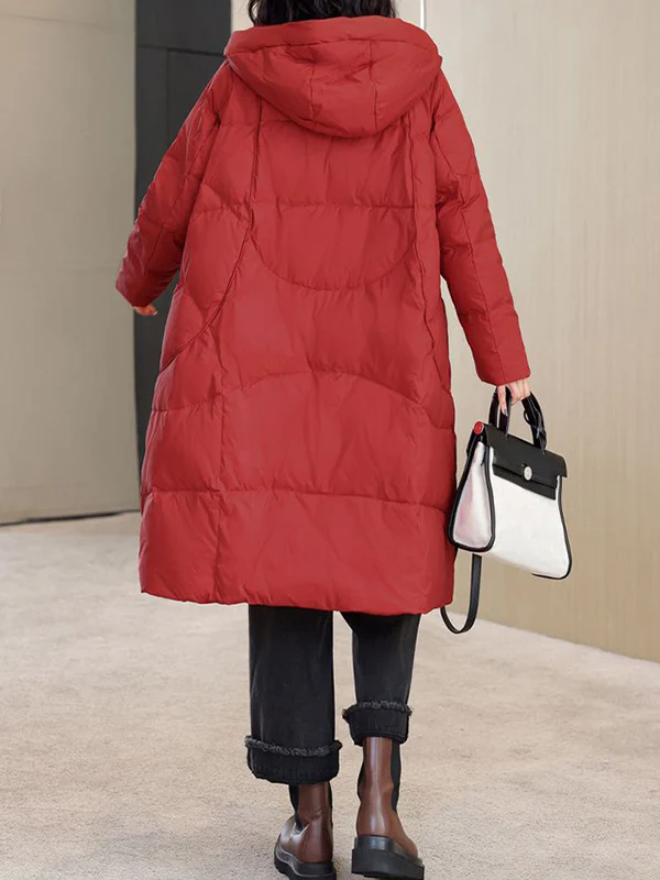 Long Sleeves Loose Pockets Solid Color Split-Joint Hooded Down Coat - Image 13