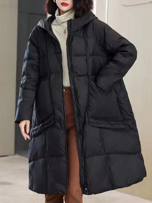 Long Sleeves Loose Pockets Solid Color Split-Joint Hooded Down Coat - Image 3