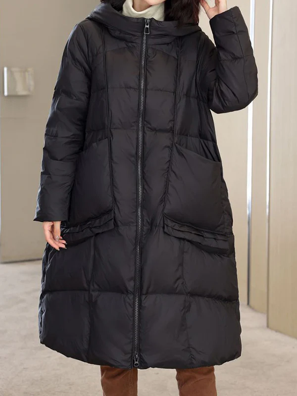 Long Sleeves Loose Pockets Solid Color Split-Joint Hooded Down Coat - Image 4