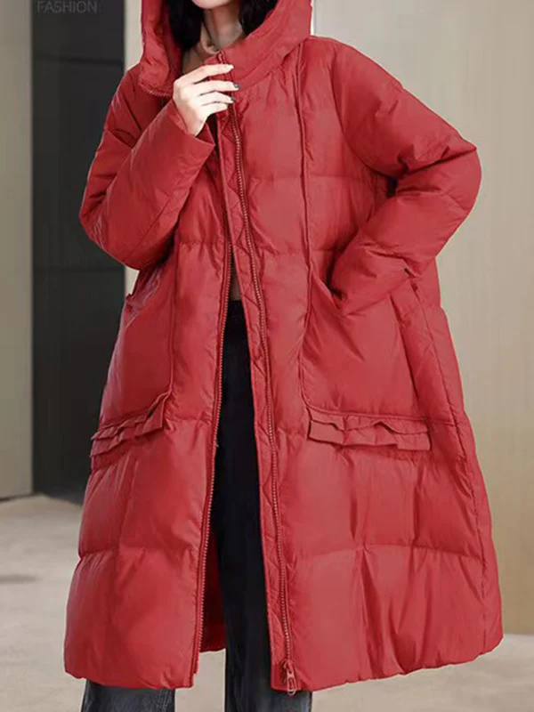 Long Sleeves Loose Pockets Solid Color Split-Joint Hooded Down Coat - Image 5