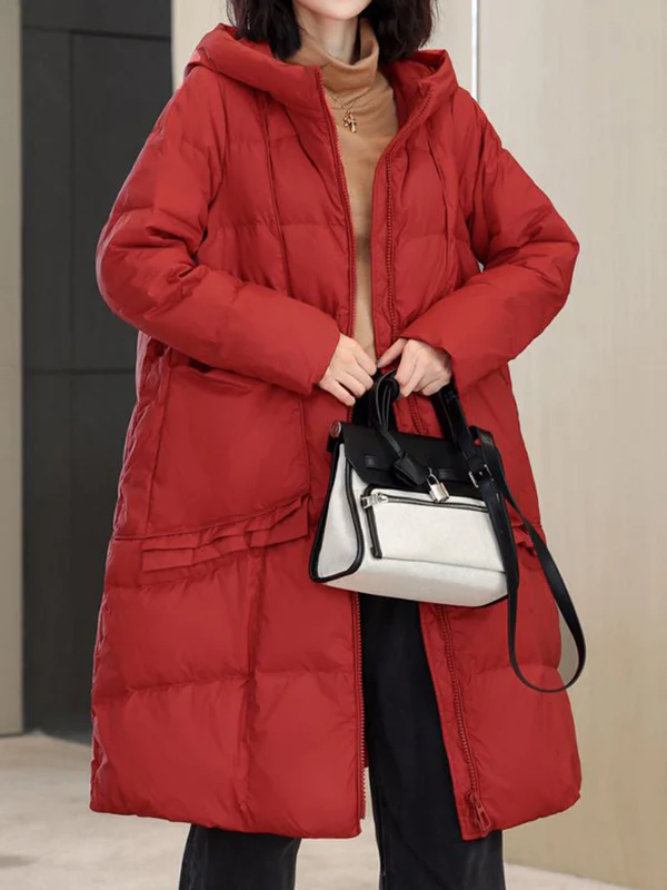 Long Sleeves Loose Pockets Solid Color Split-Joint Hooded Down Coat - Image 6