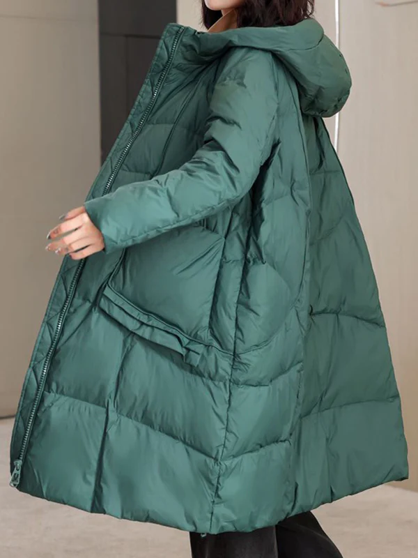 Long Sleeves Loose Pockets Solid Color Split-Joint Hooded Down Coat - Image 7