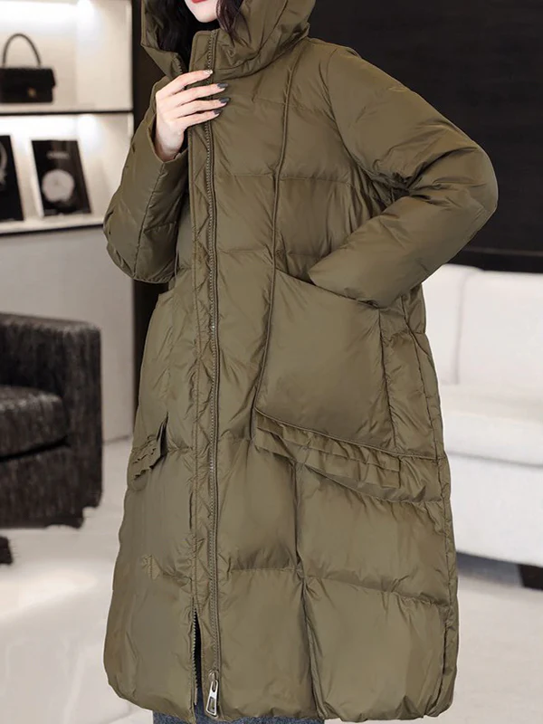 Long Sleeves Loose Pockets Solid Color Split-Joint Hooded Down Coat - Image 8