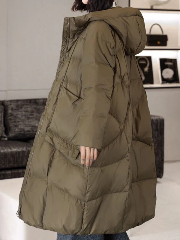 Long Sleeves Loose Pockets Solid Color Split-Joint Hooded Down Coat - Image 9