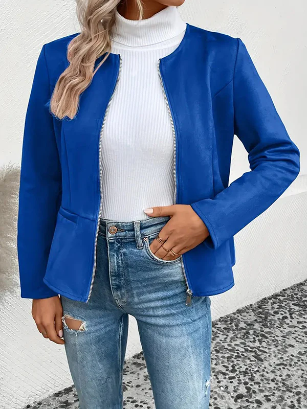 Long Sleeves Loose Pockets Solid Color Split-Joint Zipper Round-Neck Jackets Outerwear - Image 10