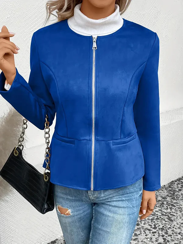 Long Sleeves Loose Pockets Solid Color Split-Joint Zipper Round-Neck Jackets Outerwear - Image 11