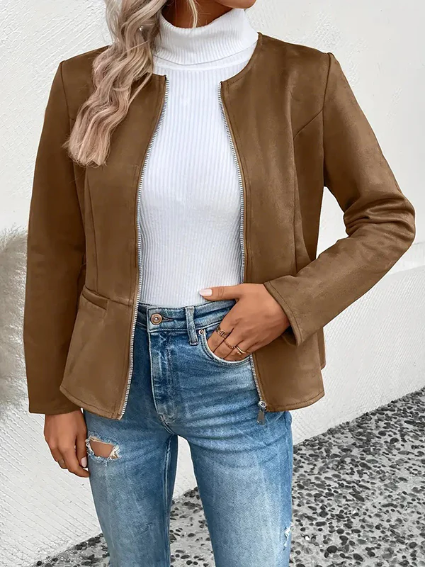 Long Sleeves Loose Pockets Solid Color Split-Joint Zipper Round-Neck Jackets Outerwear - Image 12