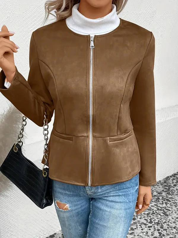 Long Sleeves Loose Pockets Solid Color Split-Joint Zipper Round-Neck Jackets Outerwear - Image 13