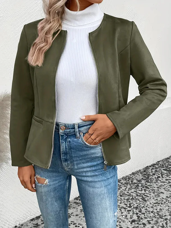 Long Sleeves Loose Pockets Solid Color Split-Joint Zipper Round-Neck Jackets Outerwear - Image 14