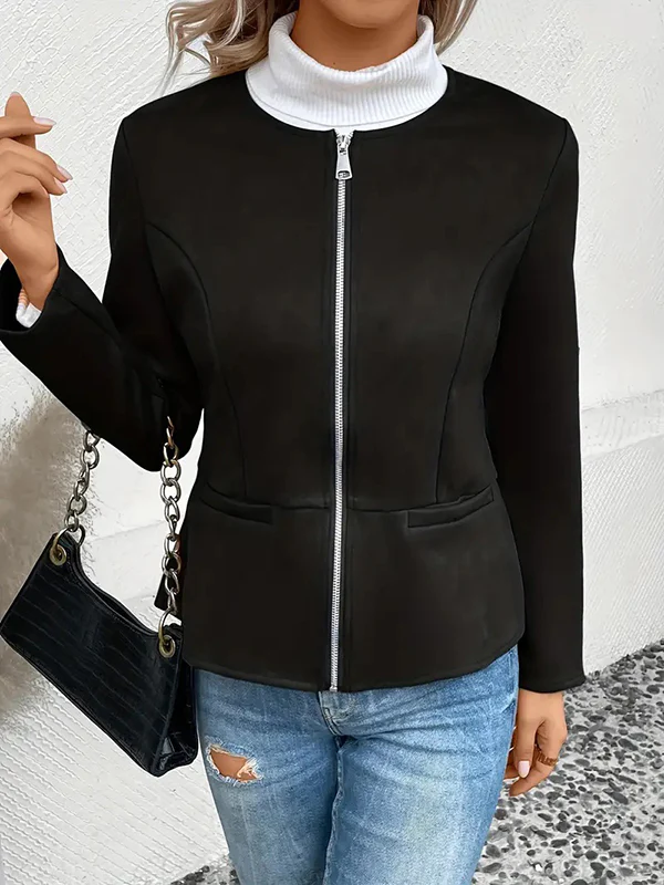 Long Sleeves Loose Pockets Solid Color Split-Joint Zipper Round-Neck Jackets Outerwear - Image 15